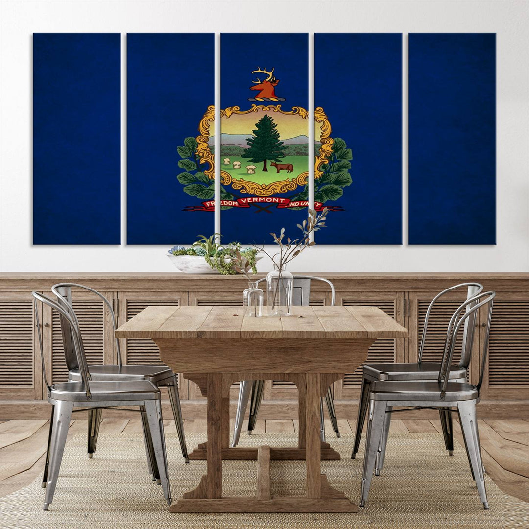 The Vermont Flag Wall Art Canvas Print is a museum-quality piece enhanced with UV-protective finishes, offering both style and durability. Enjoy free shipping on this classic decor addition.