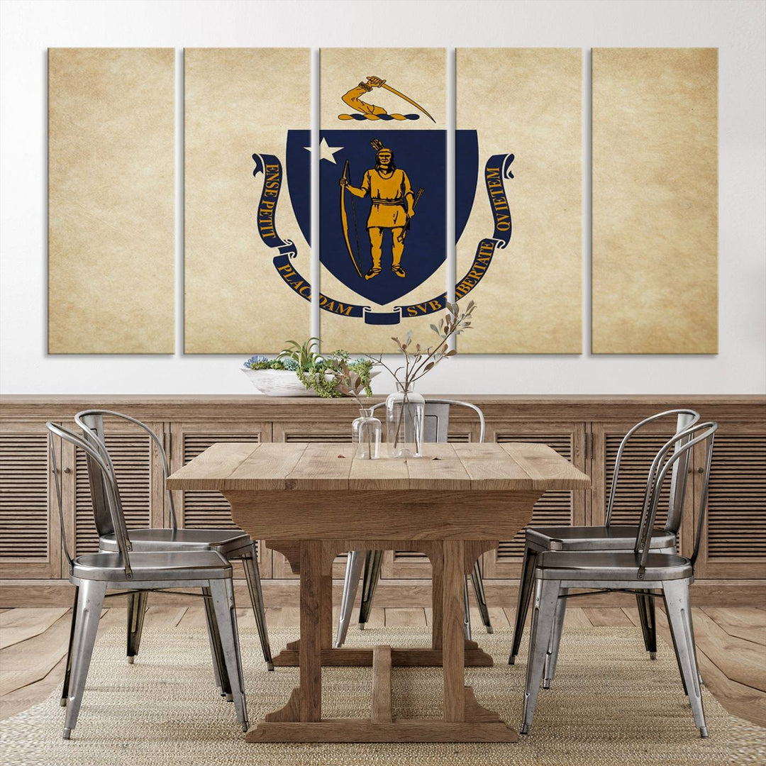 The Massachusetts State of Flag Wall Art Canvas Print, handcrafted on a museum-quality canvas with UV-protective coating, decorates the wall. It is ready to hang and adds a touch of elegance to the space.