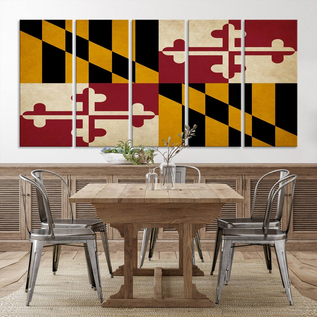 The Maryland Flag Wall Art Canvas Print, boasting a UV-protective coating for vibrant colors and durability, is a museum-quality piece offered with free shipping, making it the perfect addition to your space.