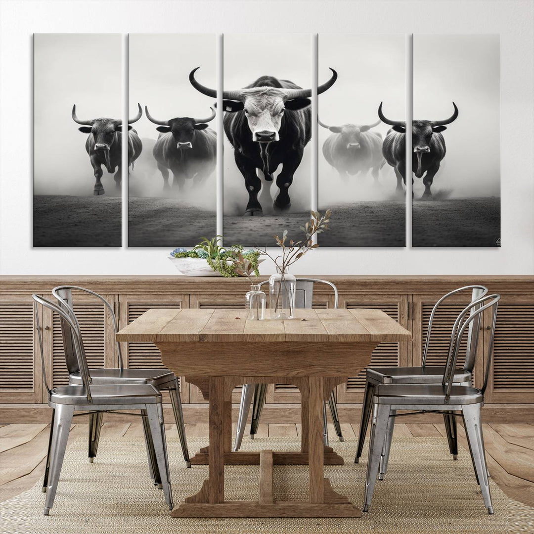 The Texas Longhorn Cow Animal Wall Art Canvas Print beautifully embellishes the area with its depiction of longhorn cattle in a misty setting, seamlessly integrating Western decor into the space.