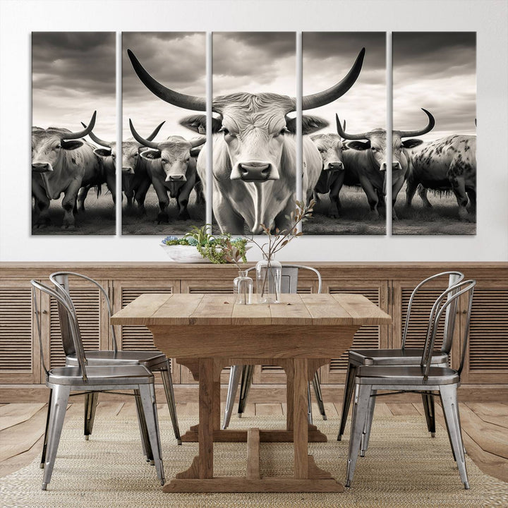 A Texas Longhorn Cow Animal Wall Art Canvas Print introduces a Western-themed accent.