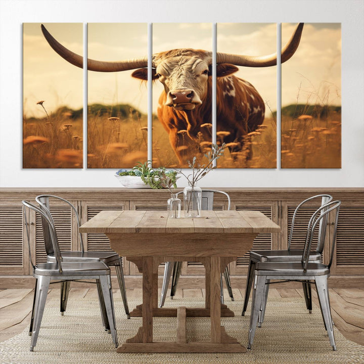 Cow Bighorn Wall Art Canvas Print, Longhorn Texas Cow Animal Canvas Print