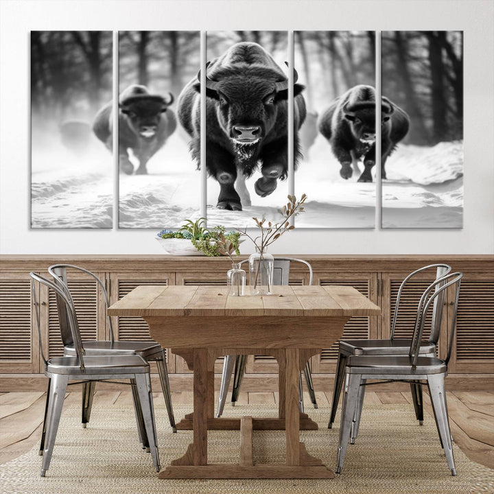 Transform your living room with the Buffalo Wall Art Canvas Print triptych, showcasing a bison family in motion across a snowy landscape. This striking Western decor piece becomes the focal point of any room.