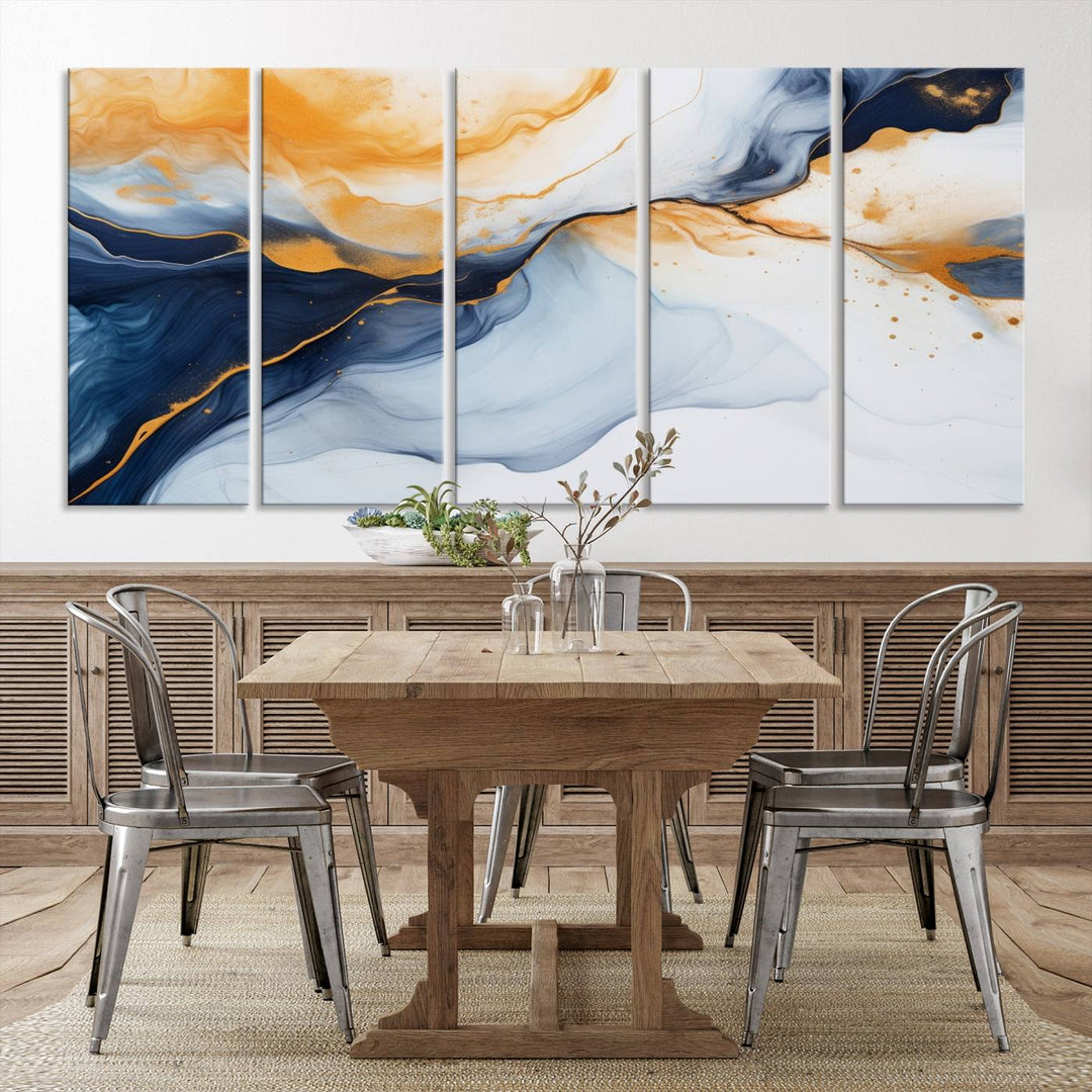 Modern living room featuring the 'Extra Large Orange Navy Blue Abstract Wall Art Canvas Print.'