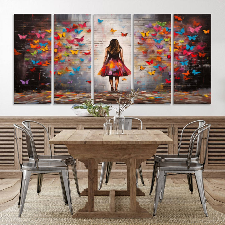 A vibrant artwork titled "Graffiti Wall Art Canvas Print Girl Butterfly Graffiti Abstract Canvas Print" is displayed above the couch. This gallery-wrapped masterpiece, printed on museum-quality canvas, features a UV-protective coating to preserve its vivid beauty.