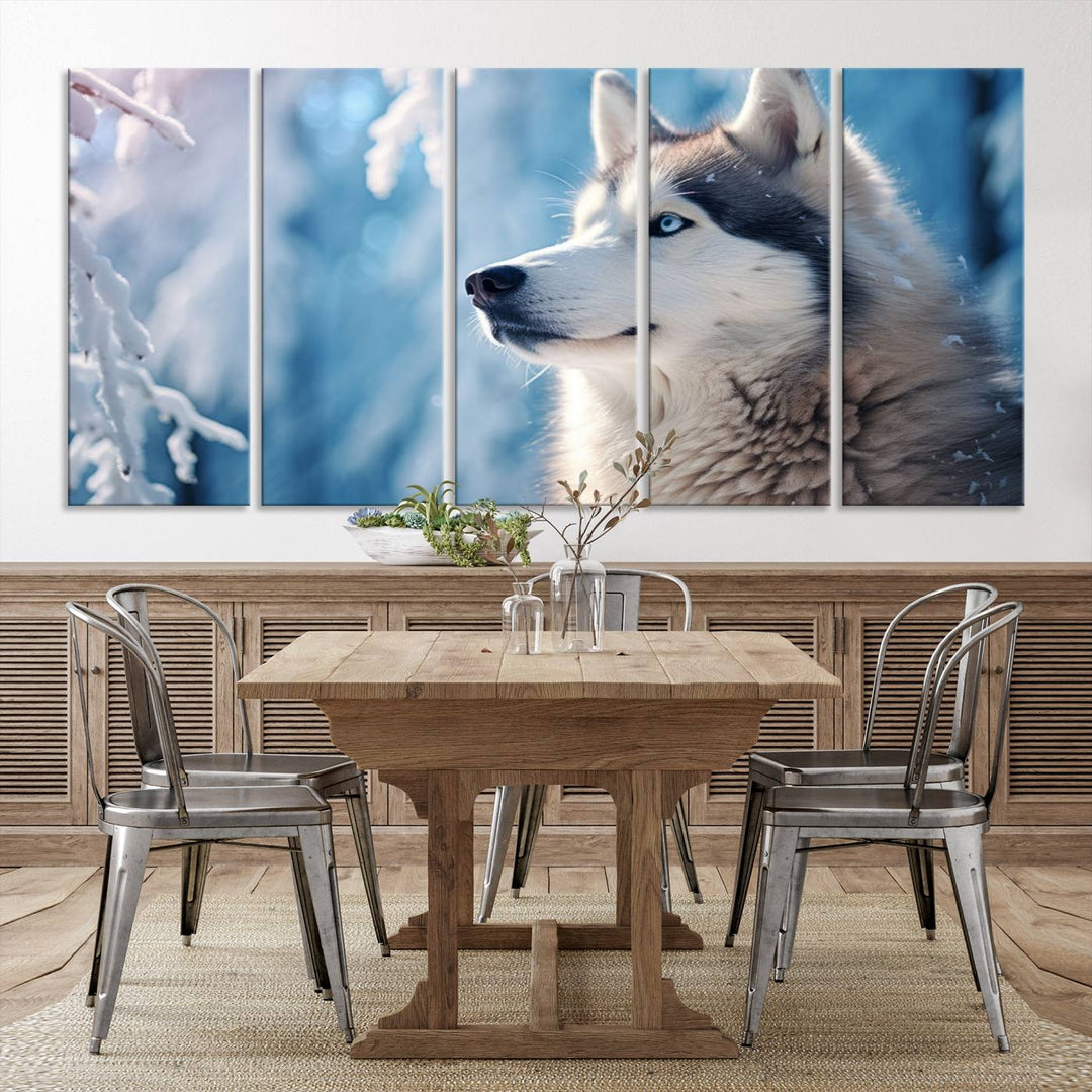 A captivating Winter Siberian Husky Wolf Wall Art Canvas Print hangs prominently.