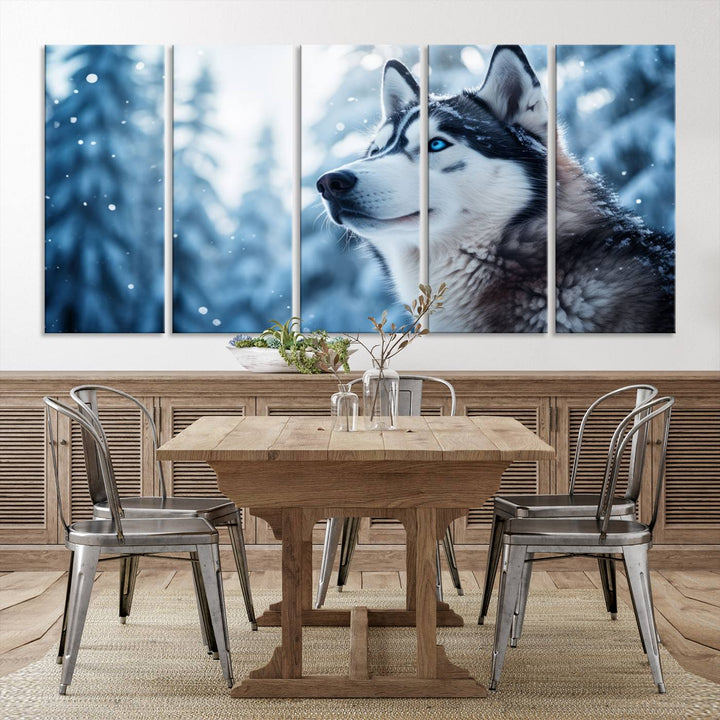 The "Winter Siberian Husky Wolf Wall Art Canvas Print" is elegantly displayed, enhancing the room's cozy ambiance in a snowy forest setting.