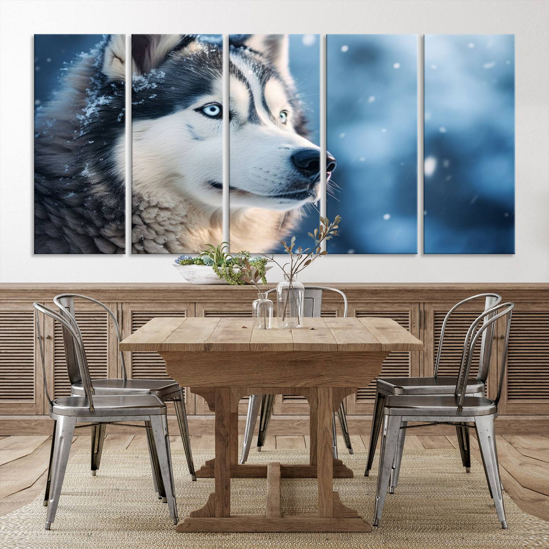 The space above the sofa features the Winter Siberian Husky Wolf Wall Art Canvas Print, creating a stunning snowy scene.