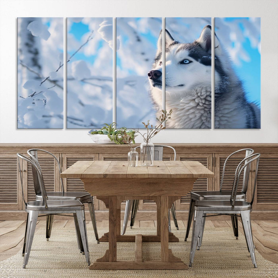 The Siberian Husky Art Canvas elegantly enhances the room.