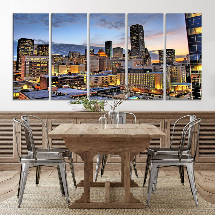 The modern living room features the Houston Wall Art Canvas Print on the wall. This professional craftsman framed masterpiece depicts a cityscape and is created with museum-quality polycotton canvas, ensuring a polished look that enhances its elegant charm.