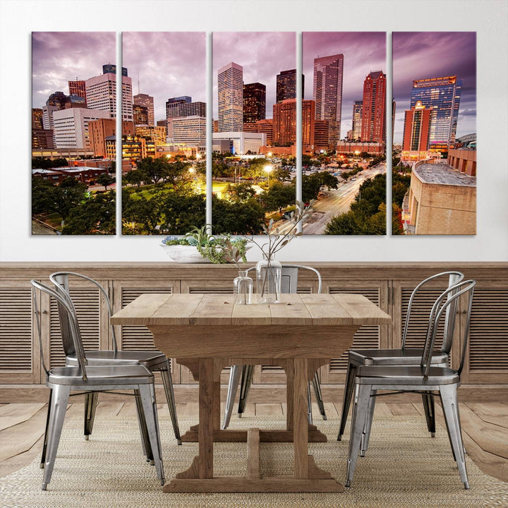 The Houston Wall Art Canvas Print in the living room displays a vibrant city skyline at twilight on museum-quality canvas with UV-protective coating.