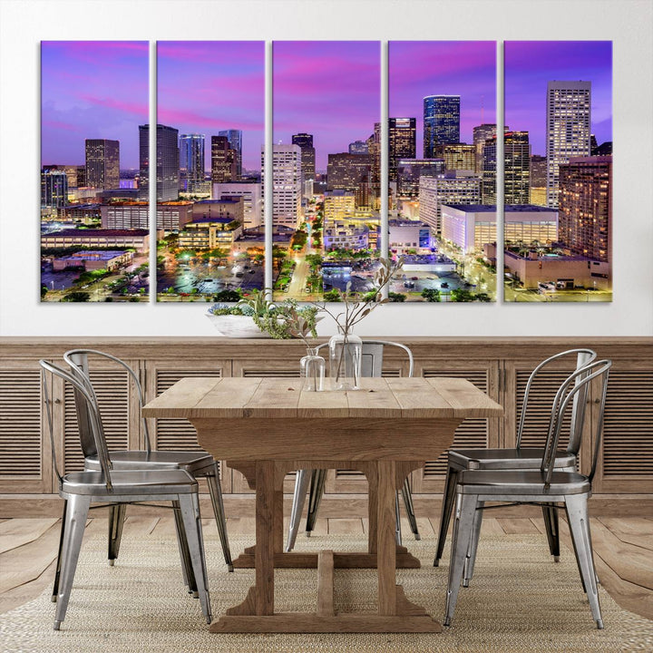 Houston Wall Art Canvas Print showcasing a vibrant cityscape at dusk on museum-quality canvas, expertly crafted by professional craftsmen.