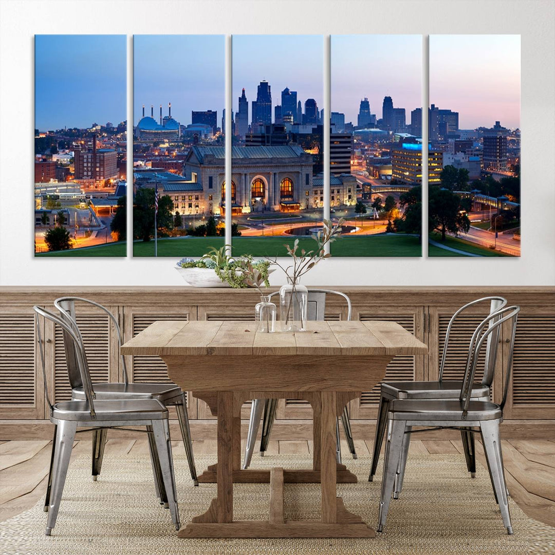 The Kansas City Skyline Canvas Wall Art Print hangs above, showcasing an iconic dusk cityscape with a historic building in the foreground, exuding urban sophistication.