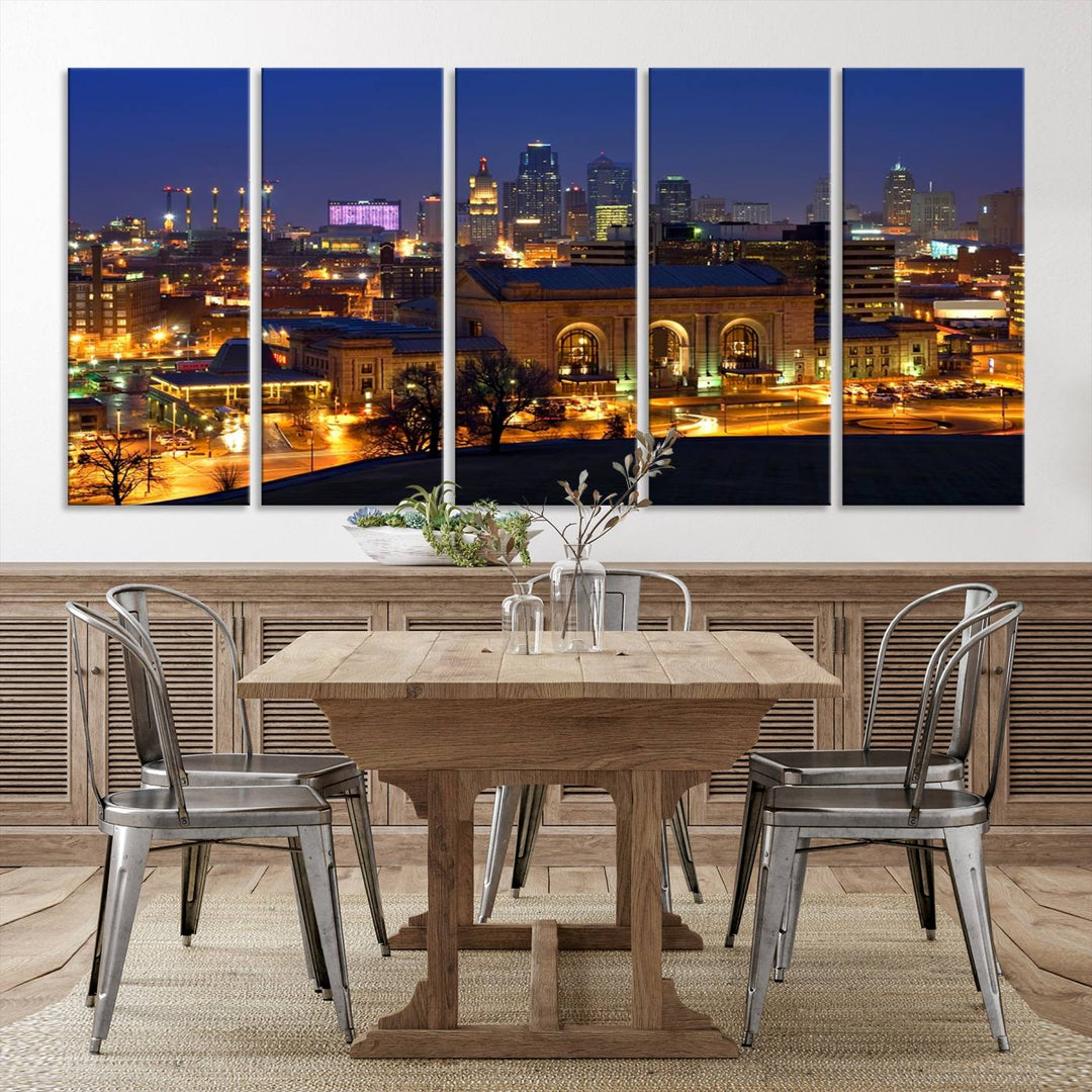 The Kansas City Night Canvas Print Wall Art creates a scene as captivating as museum-quality art, showcasing a city skyline at night with illuminated buildings.