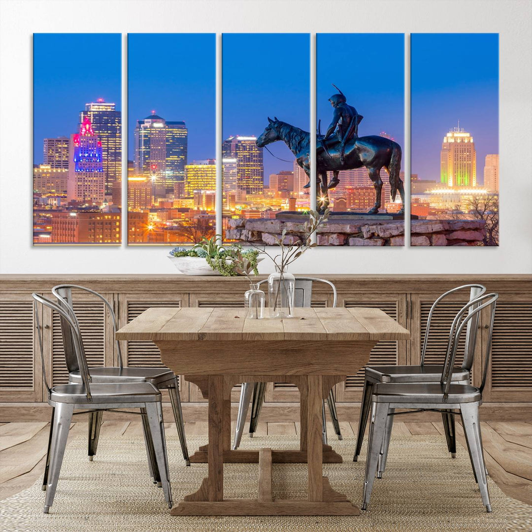 A large Kansas City Night Canvas Print Wall Art adorns the wall, gallery wrapped and finished with a UV-protective coating for lasting vibrancy.