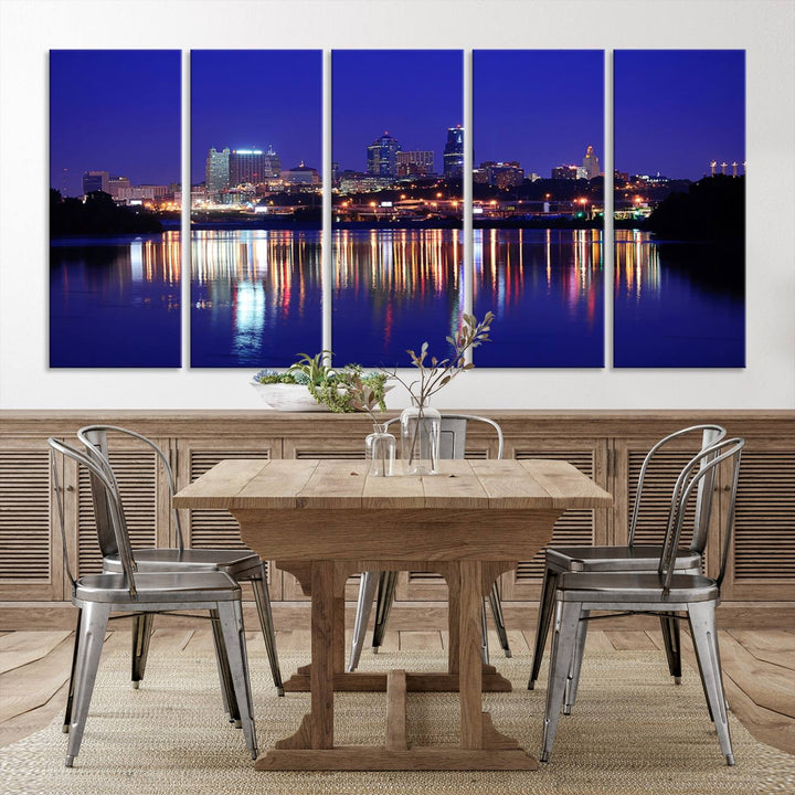 The Kansas City Night Canvas Print Wall Art captures the shimmering city skyline on the calm water, where every detail resembles a museum-quality polycotton masterpiece.