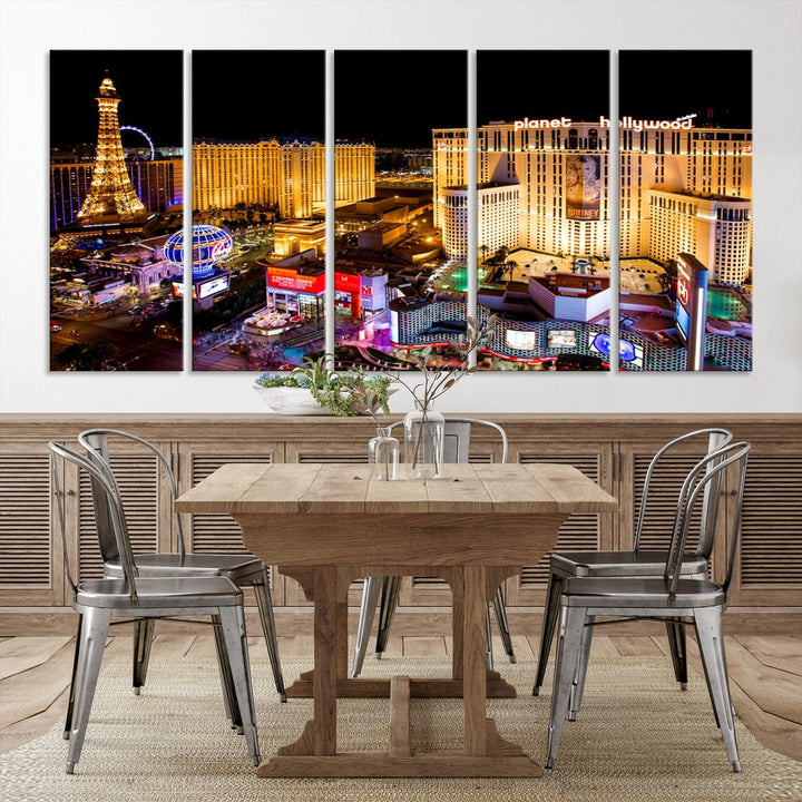 The Las Vegas Wall Art Canvas Print is a triptych set that showcases a stunning night view of Las Vegas. The illuminated buildings and the iconic faux Eiffel Tower add elegance to any space. Each piece comes with a UV-protective coating and is ready to hang, ensuring both style and durability.