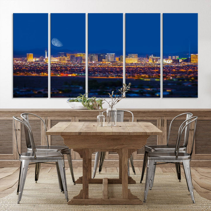 The Las Vegas Wall Art Canvas Print, depicting a city skyline at night, enhances a modern living room with its museum-quality canvas. This triptych comes ready to hang and boasts a UV-protective coating for lasting brilliance.