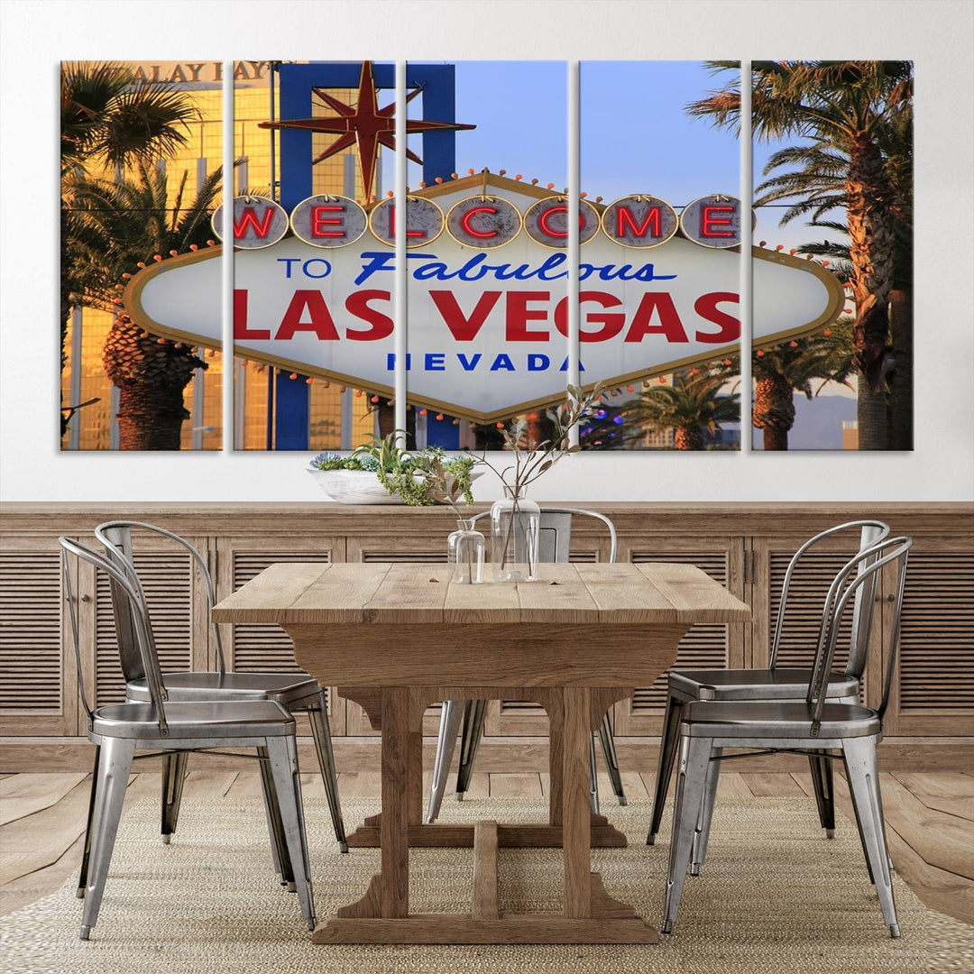 A Las Vegas Wall Art Canvas Print hangs on the wall, showcasing the iconic Welcome to Fabulous Las Vegas, Nevada sign. The museum-quality canvas guarantees vibrant colors with its UV-protective coating and is available with free shipping for added convenience.