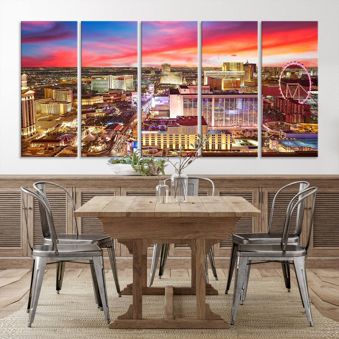 Las Vegas Wall Art Canvas Print depicting a vibrant cityscape at dusk on museum-quality canvas with a UV-protective coating, showcasing a skyline with colorful clouds.