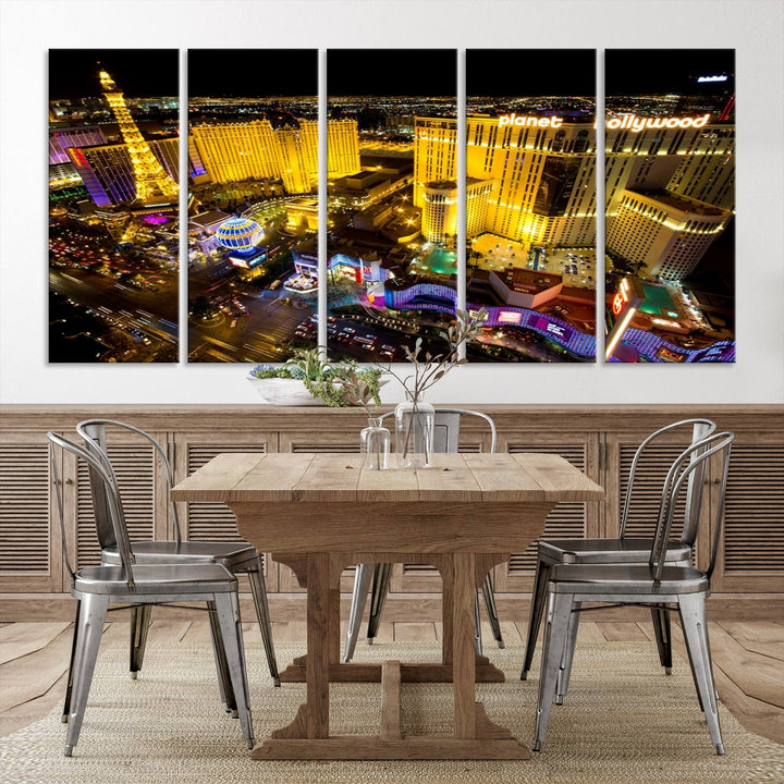 The modern living room features a Las Vegas Wall Art Canvas Print, a museum-quality triptych showcasing a vibrant cityscape with neon lights.