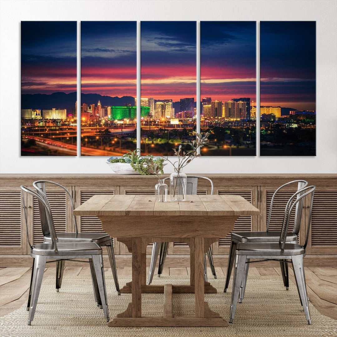 The living room is adorned with the Las Vegas Wall Art Canvas Print, a triptych showcasing a cityscape at sunset. This piece is crafted on museum-quality canvas and protected by a UV-coated finish, highlighting the craftsmanship of a skilled professional.