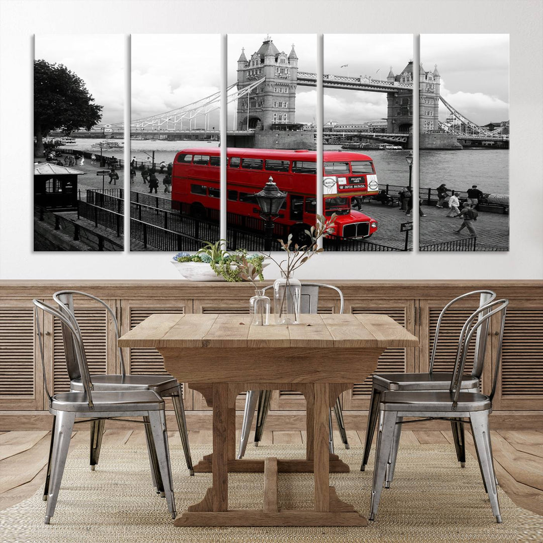 The London Red Bus and Bridge Wall Art Canvas Print showcases a red London bus in front of Tower Bridge, beautifully presented as a gallery-wrapped canvas. This striking image is divided into three panels, delivering a museum-quality display that's ready to hang.