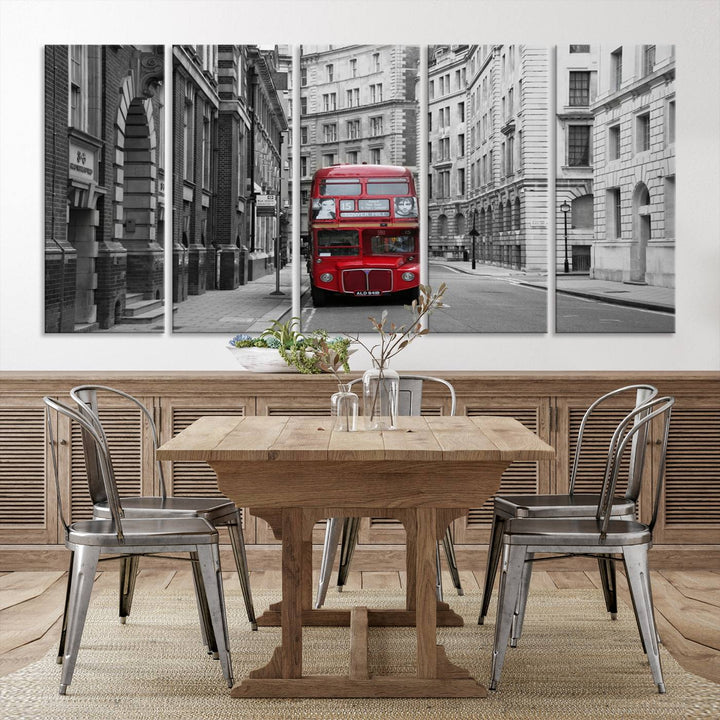 The living room features museum-quality London Red Bus Wall Art, showcasing a split canvas print of a red bus on a black and white city street. This artwork is ready to hang and includes a UV-protective coating to ensure long-lasting vibrance.