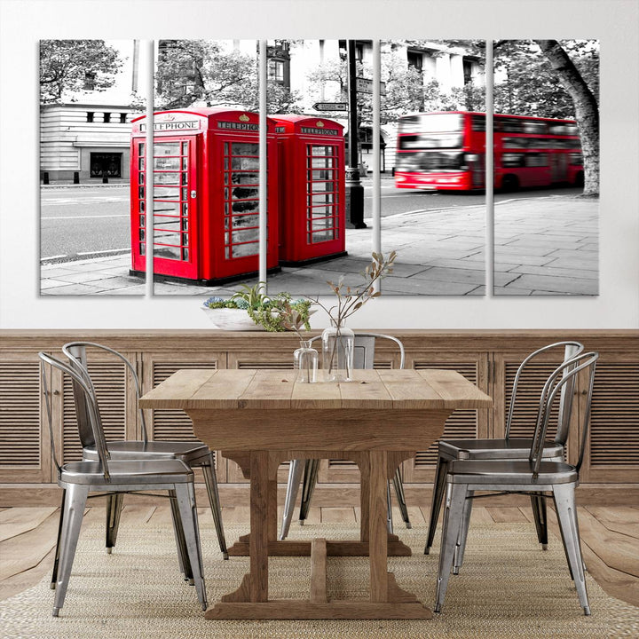 The London Red Bus and Phone Club Wall Art, a vivid night canvas print featuring iconic red buses and phone booths, is elegantly showcased on gallery-wrapped, museum-quality material. With its UV-protective coating, this captivating piece infuses your space with the charm of London.