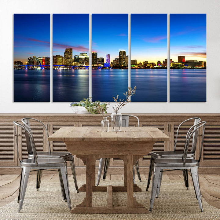 The living room features a Miami City Wall Art Canvas Print—a gallery-wrapped triptych displaying a city skyline at dusk, adding museum-quality elegance to the space.