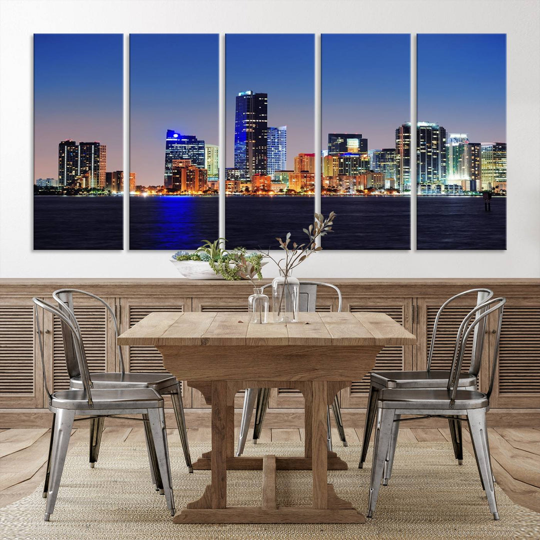 Miami City wall art canvas print showcasing a city skyline at dusk. Crafted on museum-quality canvas and designed to be ready to hang, it offers effortless elegance for your interior decor.