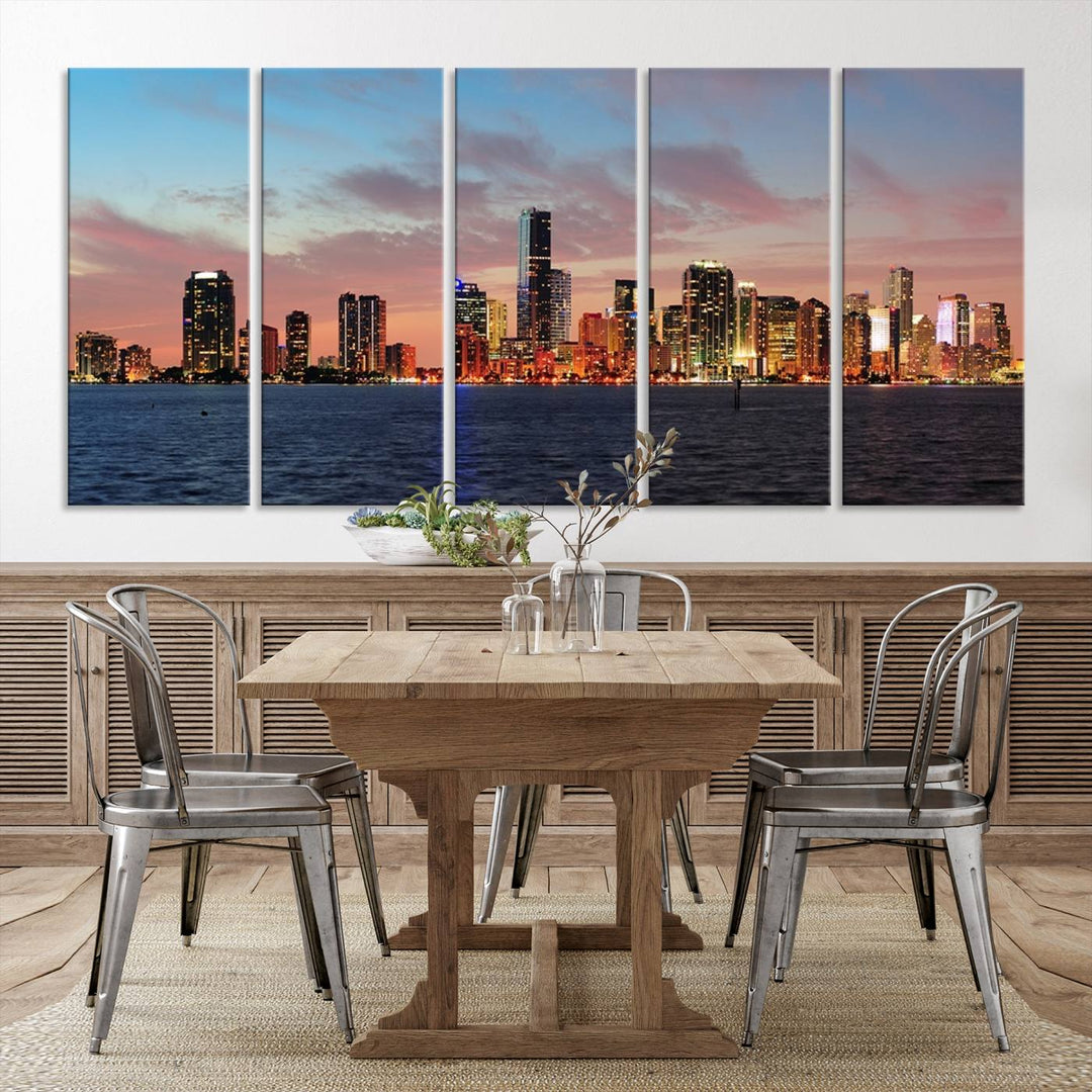 The Wall Art MIAMI Canvas Print emphasizes a vibrant cityscape at sunset. This artwork is presented on museum-quality canvas with gallery-wrapped edges, ensuring it stands out while maintaining its pristine condition for years to come.