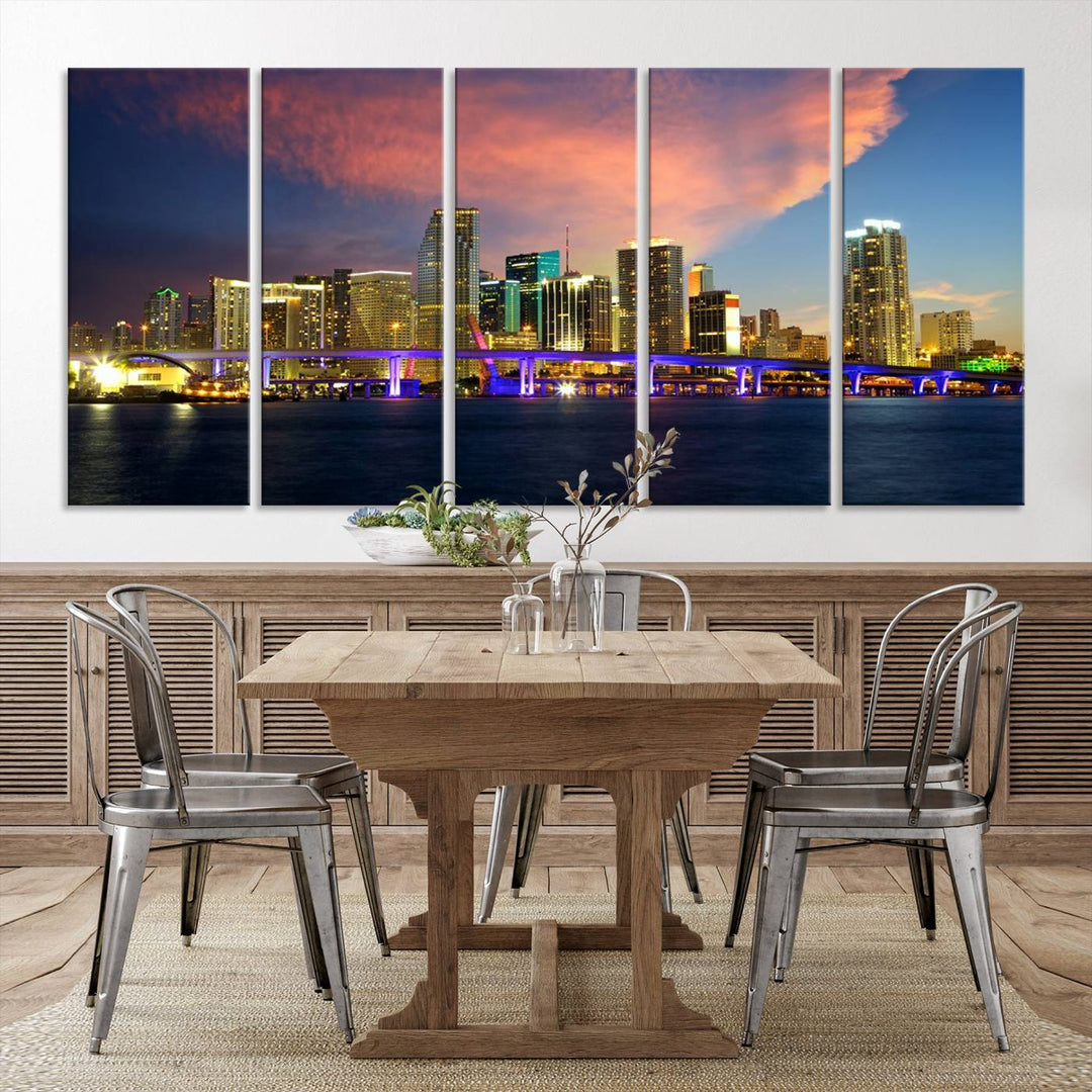 The modern living room is enhanced by the "Miami City Wall Art Canvas Print," a stunning triptych portraying a city skyline at sunset. These canvases are gallery wrapped and made from museum-quality materials, featuring a UV-protective coating to ensure lasting vibrancy.