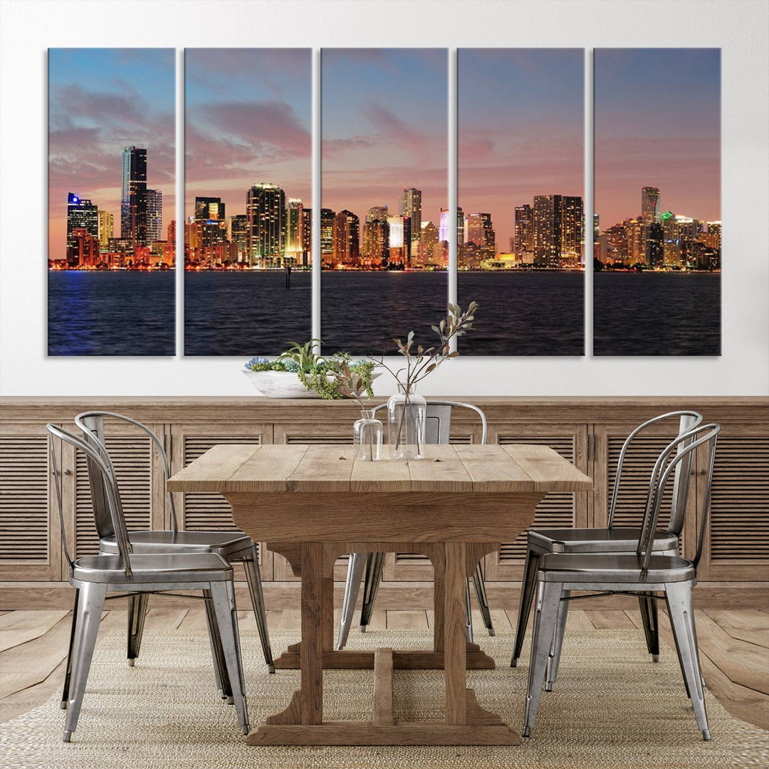 The living room features a gallery-wrapped triptych of the Miami City Wall Art Canvas Print above the sofa.