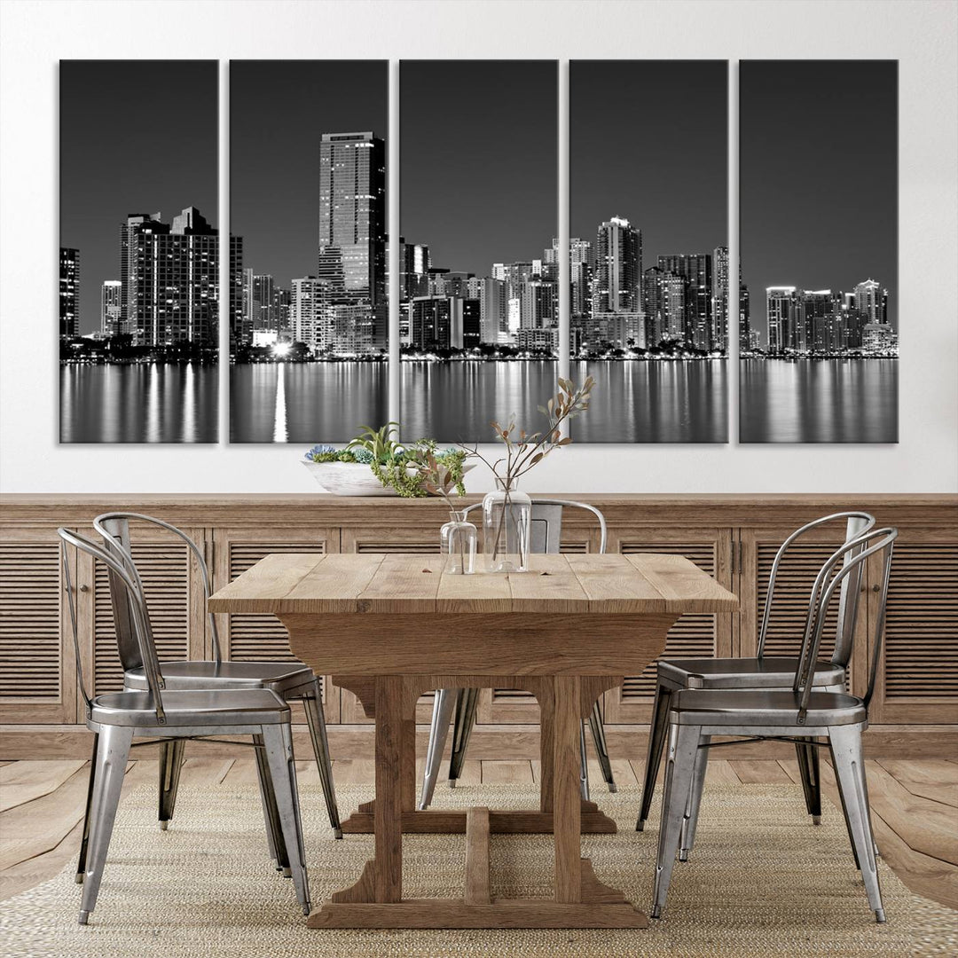 The Miami City Wall Art Canvas Print, a stunning triptych of the Miami skyline, elegantly hangs in this modern living room.