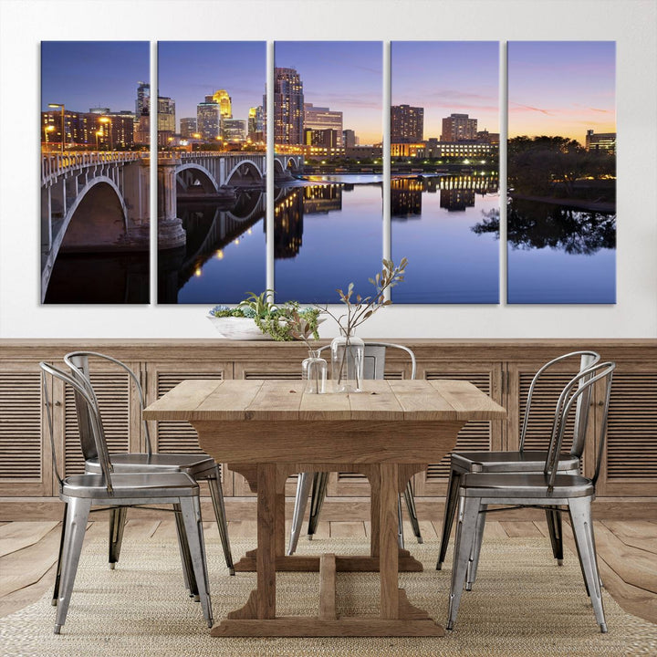 Display the Minneapolis Wall Art Canvas Print, featuring the Minnesota cityscape at dusk, on gallery-wrapped, museum-quality canvas.