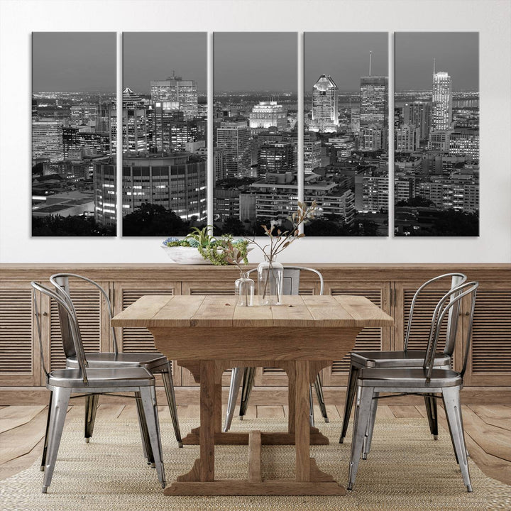 The gallery-wrapped, museum-quality canvas print features the Montreal Canada City Wall Art, showcasing a cityscape at night in black and white.