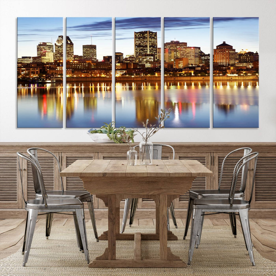 A Montreal Canada City Wall Art Canvas Print, depicting the cityscape at dusk and reflecting in calm waters, is crafted with museum-quality canvases and a UV-protective coating. This remarkable piece guarantees vibrant colors that remain stunning and ready to hang for years to come.