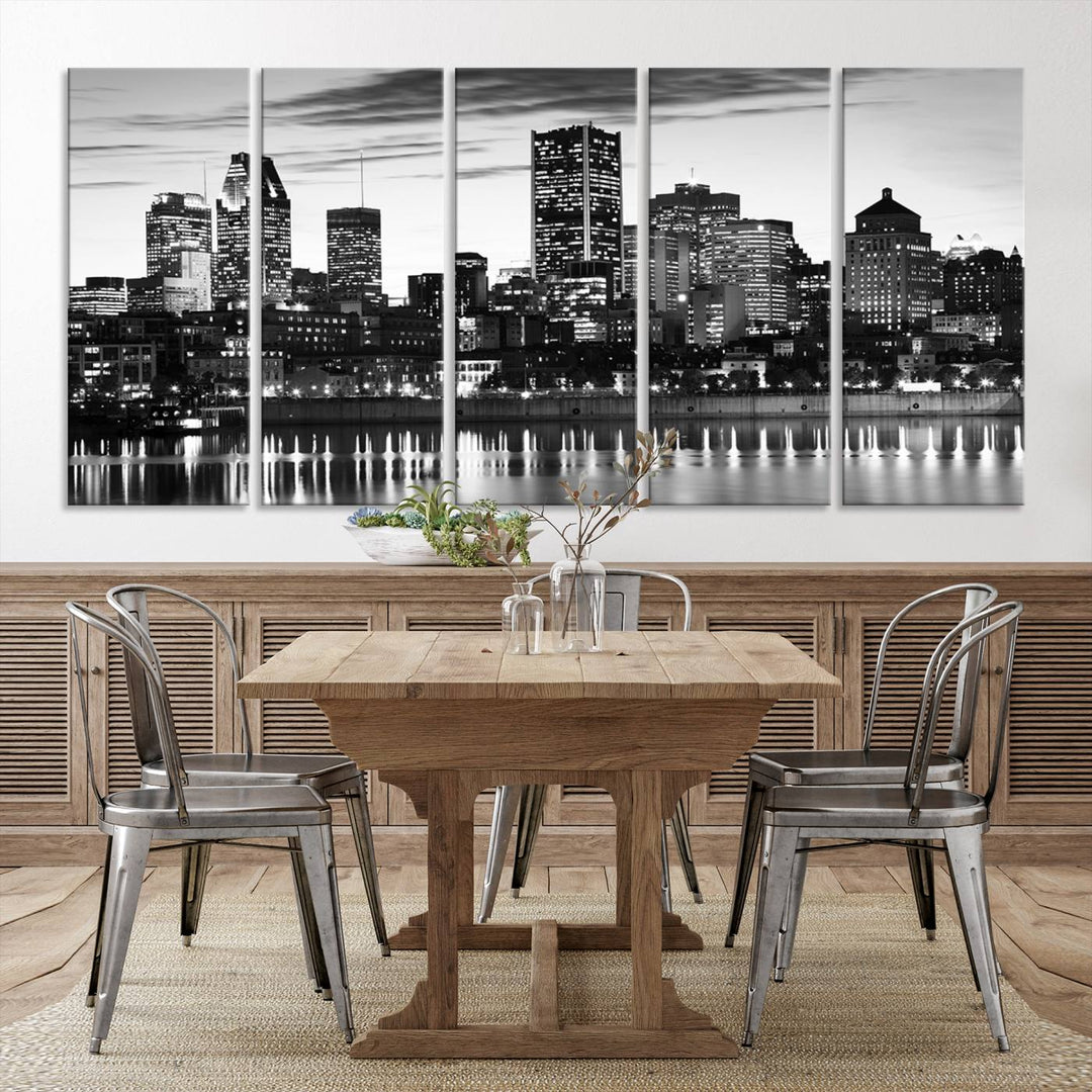 The contemporary living room features the Montreal Canada City Wall Art Canvas Print, an elegantly gallery-wrapped triptych on museum-quality canvas, prominently hung above.