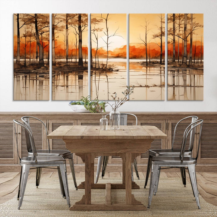 An Abstract Watercolor Trees and Sunset on Lake Wall Art Canvas Print, created on museum-quality canvas.