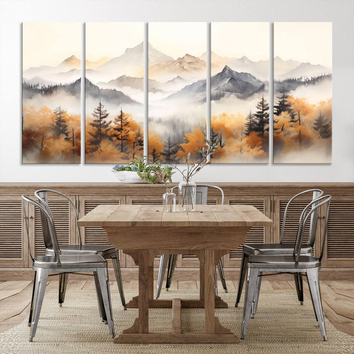 Art mural abstrait aquarelle montagnes et arbres automne