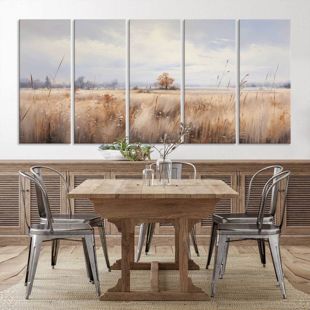 The modern living room features the Golden Fields Canvas Wall Art Print – Serene Landscape of Nature’s Tranquility in Minimalist for Farmhouse Decor, showcasing serene golden fields that enhance the calming ambiance.