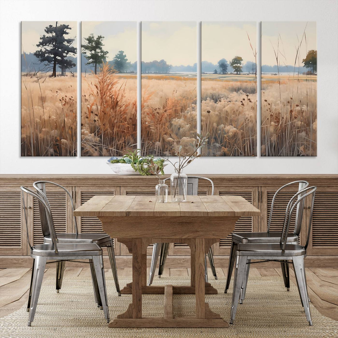 The Golden Fields Canvas Wall Art Print, a serene depiction of nature's tranquility in minimalist modern decor style, graces the wall with its calming presence.