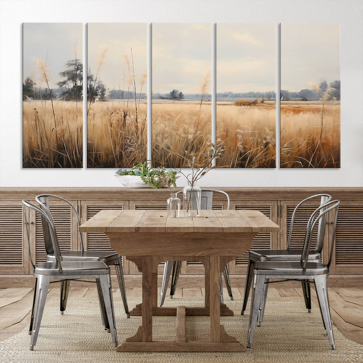 A Wildflower Field Landscape Oil Painting, showcasing a vintage art print of a serene field with tall grasses and distant trees, is beautifully presented on museum-quality canvases with gallery-wrapped edges.