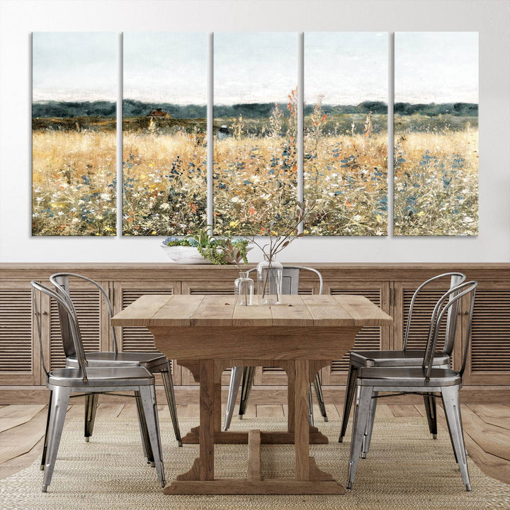 The "Wildflower Field Wall Art Canvas" brings rustic charm to the room with its nature-inspired landscape print, making it a perfect addition to the living room or office.