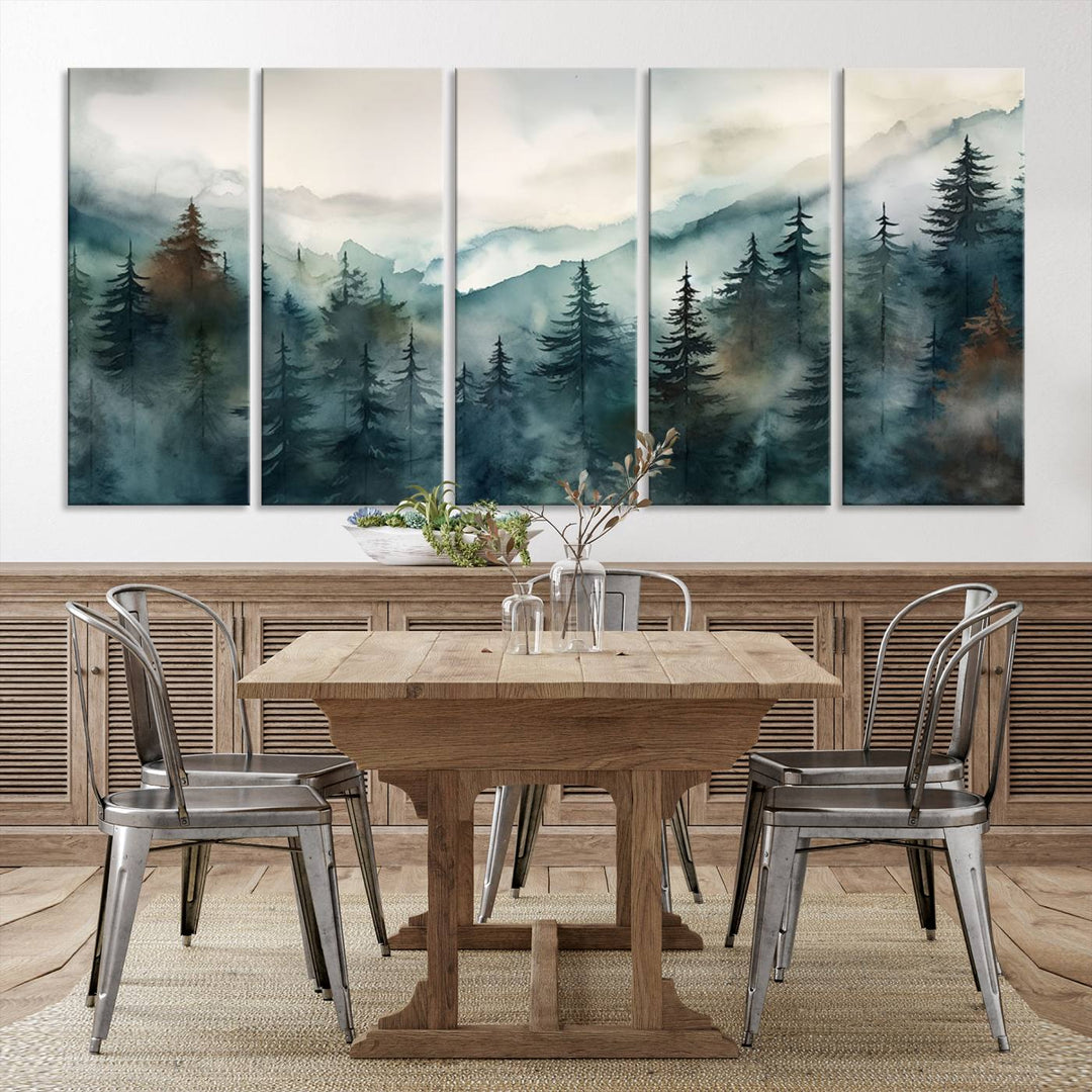 A set of Serenity Forest Wall Art Canvas prints, showcasing foggy mountain landscapes, is displayed in the living room.