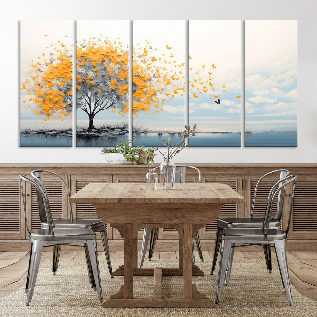 A Butterfly Tree Wall Art Canvas, featuring a modern tree adorned with yellow butterflies, decorates the wall.