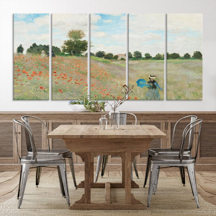 The Claude Monet The Poppy Field Canvas Print features a scene of a serene meadow with blooming flowers and a woman and child. It is printed on museum-quality canvas with UV-protective coating.