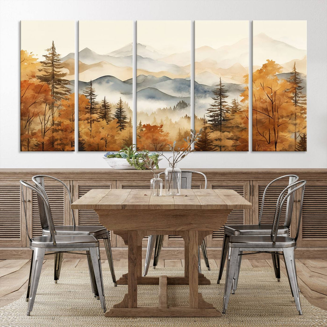 Abstract Mountain Mist Canvas Wall Art – Tranquil Autumn Forest and Misty Peaks - Ready to Hang