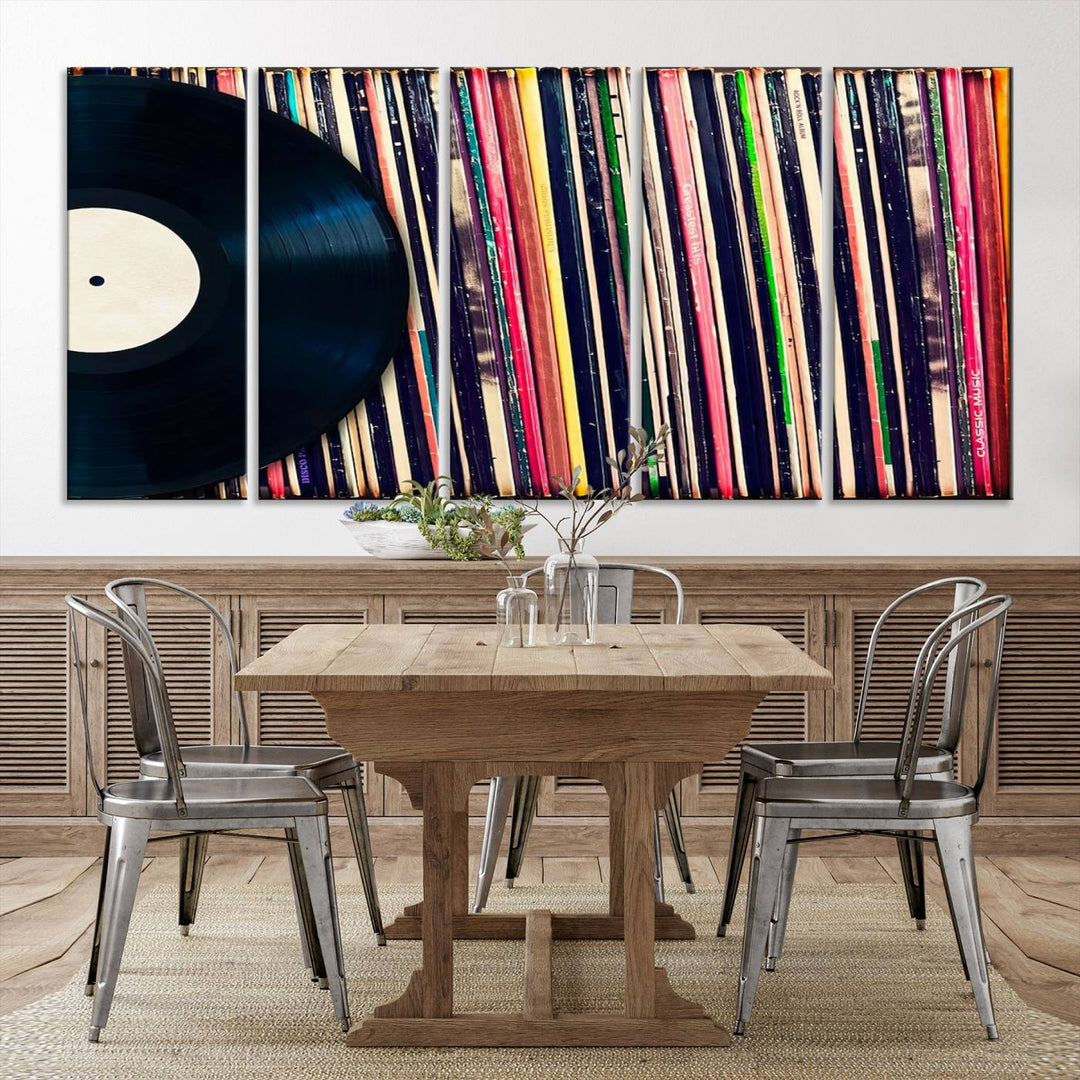 The room showcases the "Vinyl Record and Album Collection Canvas Wall Art," a perfect retro music decor piece for vintage vinyl lovers.